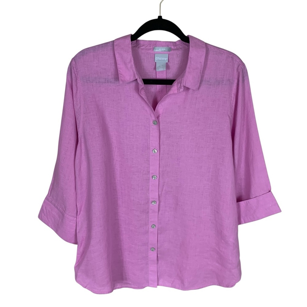 Women's Chico's Pink No Iron Linen 3/4 Sleeve Button Front Shirt Size 12 Preppy